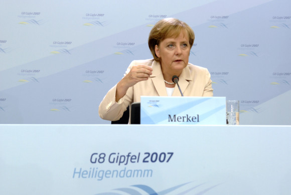 German Chancellor Angela Merkel at the final press conference in Heiligendamm